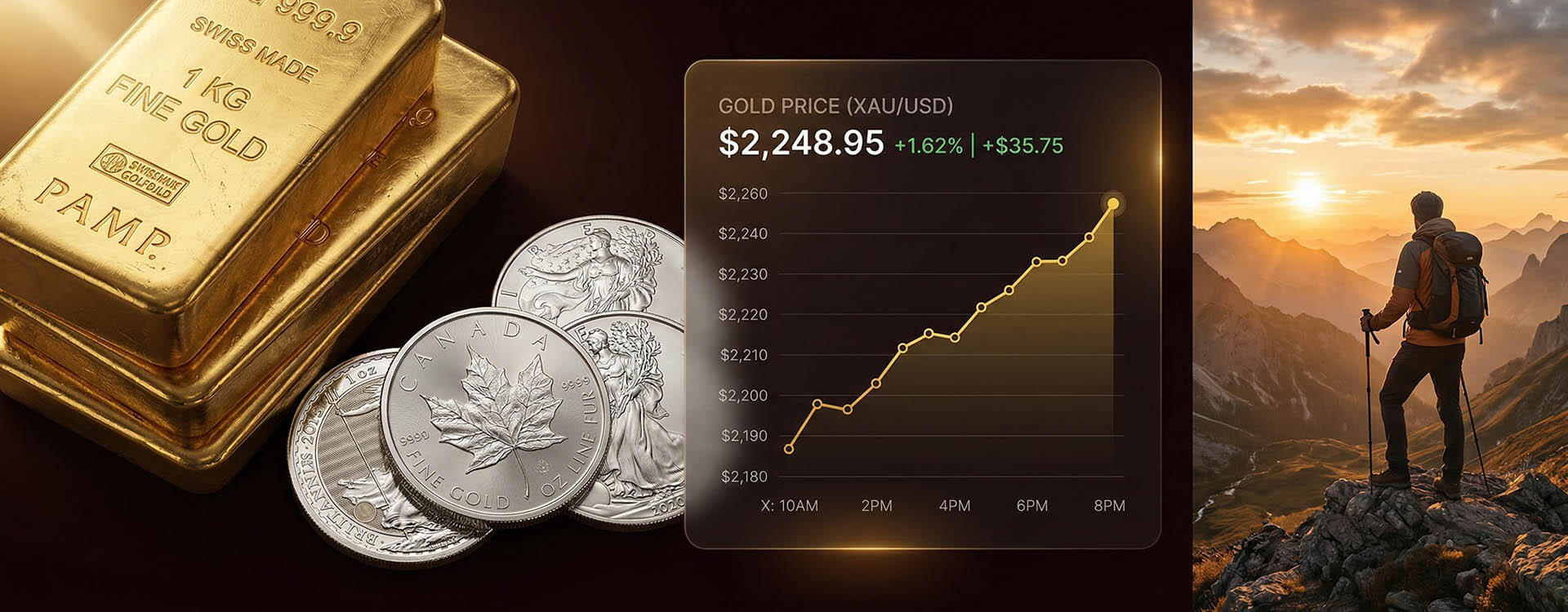 Prix de l'or et de l'argent aujourd'hui — graphique en direct du cours spot XAU/USD avec lingots d'or et pièces d'argent, montrant le record historique de l'or à 5 608 $/oz en 2026 | GoldMiner.fr analyse des marchés des métaux précieux