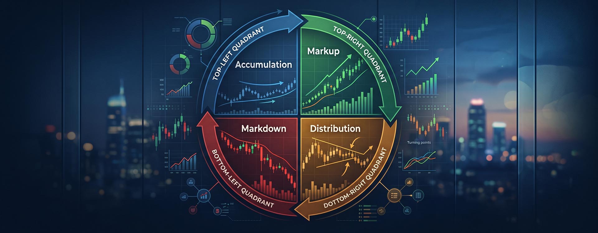 Stock market cycle phases chart showing accumulation markup distribution and markdown with gold price overlay — investor guide 2026