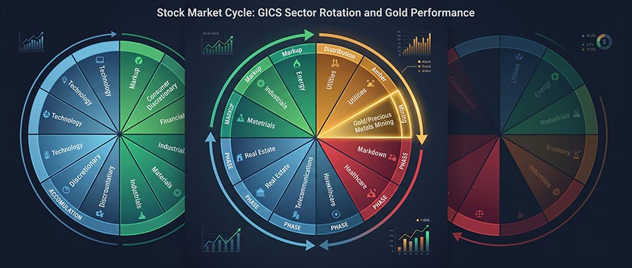 Sector rotation wheel showing which stocks to buy in each stock market cycle phase including gold and mining allocation