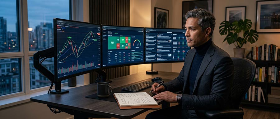 Investor analyzing stock market cycle indicators and gold mining stocks portfolio on trading screen 2026