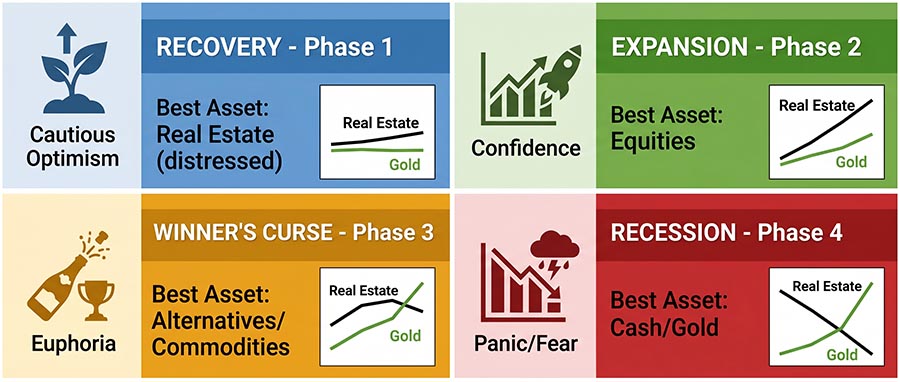 18.6 year real estate cycle four phases chart — recovery expansion winner's curse contraction with gold price overlay 2008 to 2030