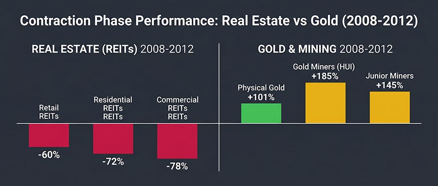 Gold price performance versus real estate REIT index during 2008 contraction — gold mining stocks HUI 185% rally versus property crash — 18.6 year cycle investor strategy
