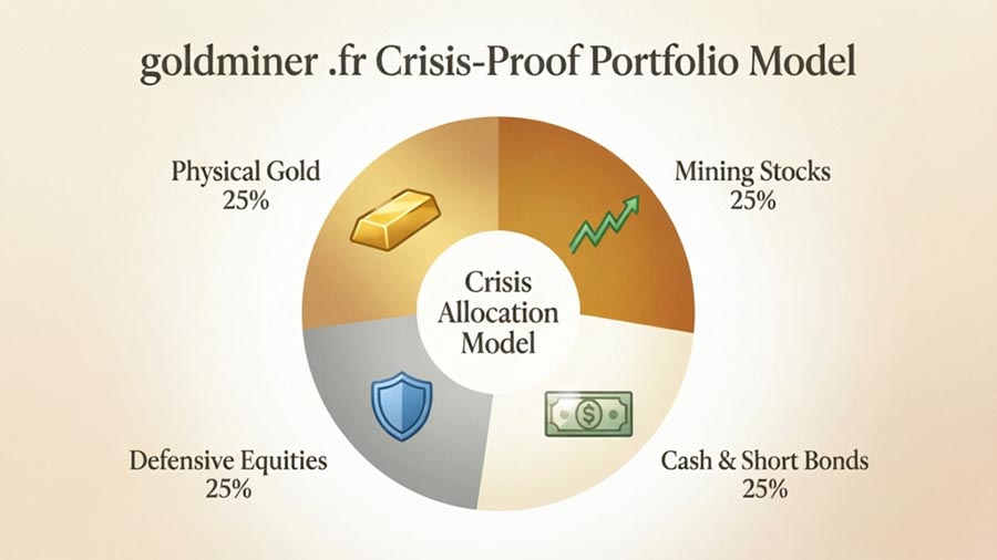 Crisis-proof portfolio allocation chart showing 25% physical gold, 25% gold and silver mining stocks, 25% cash, 25% defensive equities — goldminer.fr wealth preservation framework during stock market crash