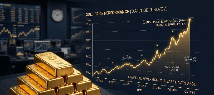 Gold price chart surging upward over time with stacked gold bars in the foreground on a dark navy background