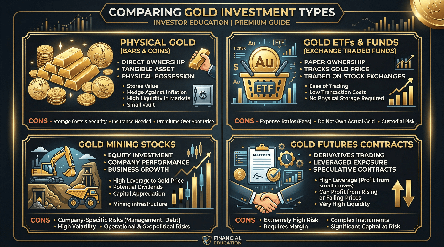 Comparison infographic of four gold investment types: physical gold, ETF, mining stocks, futures — divided into four quadrants on a dark background with gold accents