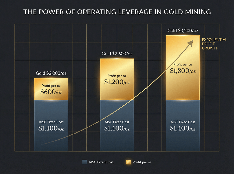 Gold mining operating leverage chart — fixed AISC cost vs profit per ounce at different gold prices
