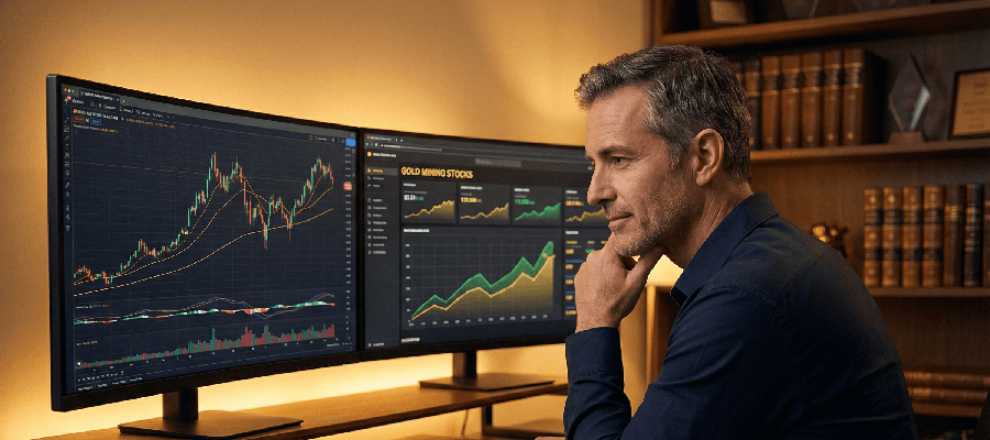 Expert investor analyzing gold mining stocks and precious metals portfolio — gold price today strategy