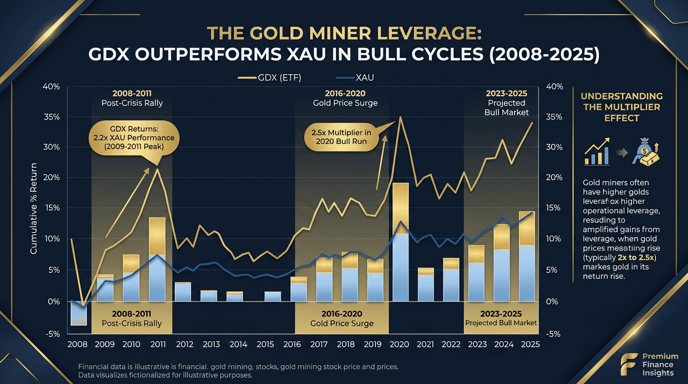Gold mining stocks GDX ETF outperforming gold price across bull market cycles 2008–2025 — best gold mining stocks performance chart