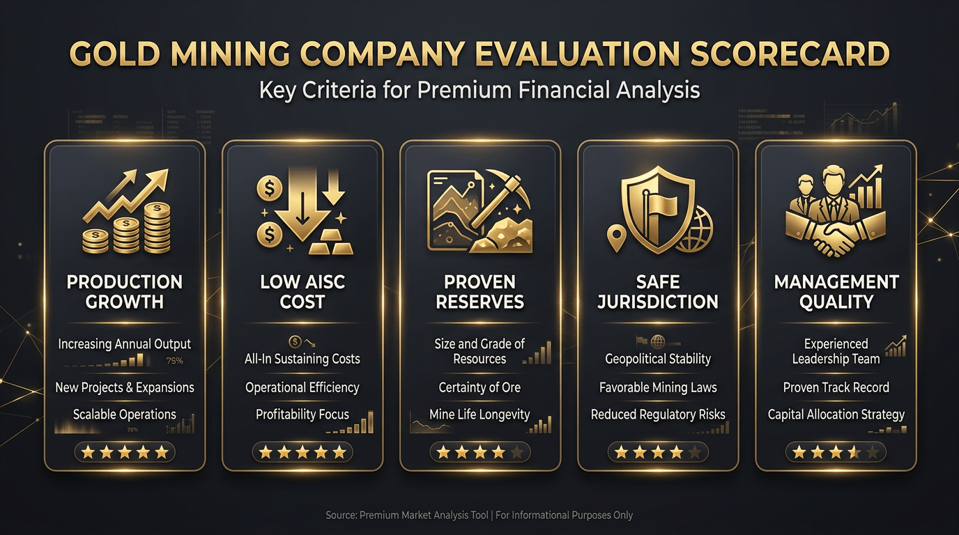 Five criteria scorecard for evaluating best gold mining stocks — production growth AISC reserves jurisdiction management quality