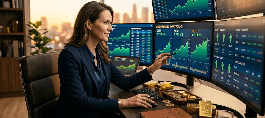 Investor analyzing best gold mining stocks portfolio with live silver price and gold price today data on screens