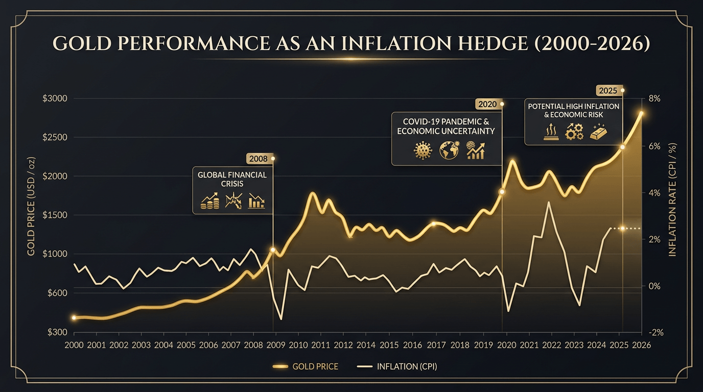 Gold price history chart 2000–2026 showing gold as inflation hedge vs CPI — silver price today comparison