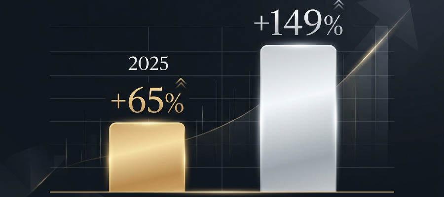 Gold vs silver price performance comparison 2025 — gold +65% vs silver +149% bar chart