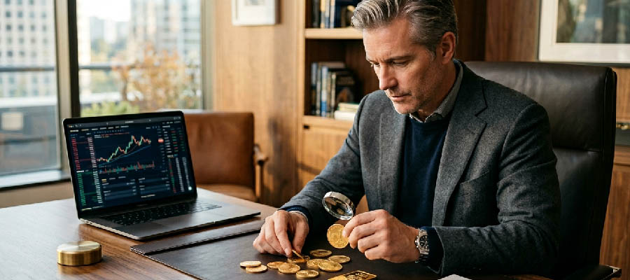 Investor analyzing gold investment strategy — gold price today, silver price, precious metals portfolio diversification