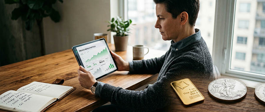 Investor reviewing gold and silver precious metals portfolio strategy on tablet — beginners guide to investing in gold and silver 2026