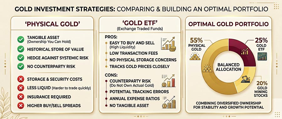 Gold ETF vs physical gold pros and cons comparison infographic — optimal portfolio strategy