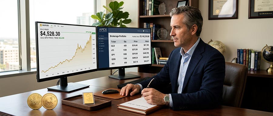 Investor building a gold portfolio with physical gold and ETFs — precious metals strategy 2026