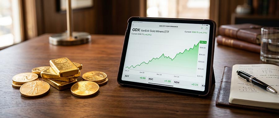 Lingots d'or et pièces de monnaie à côté d'un compte de courtage affichant des actions minières aurifères — comparaison or physique vs actions minières
