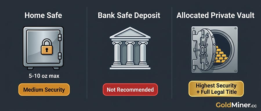 Physical gold storage options 2026 — home safe bank vault vs allocated private vault for gold bullion