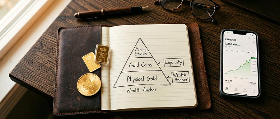 Beginner guide to buying gold and silver — physical gold coins bars and mining stocks portfolio strategy 2026