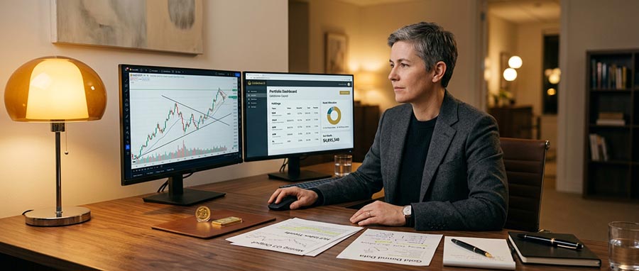 Investor analyzing gold price chart and precious metals portfolio timing strategy on screen
