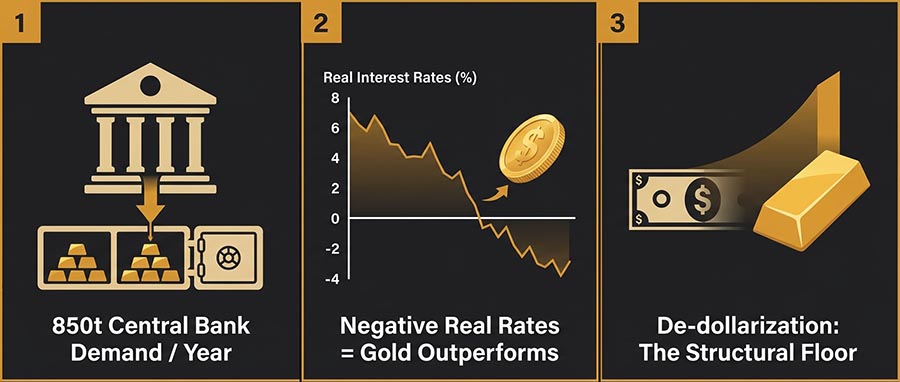 Infographie des trois moteurs structurels du prix de l'or en 2026 : dédollarisation des banques centrales, taux d'intérêt réels négatifs, stagflation, demande de valeur refuge, métaux précieux
