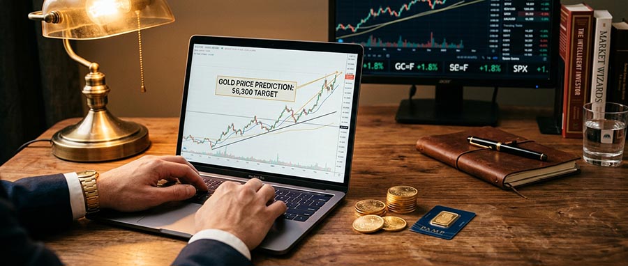 Investisseur analysant des données de prévision du prix de l'or sur écran avec des lingots et pièces d'or physiques et un graphique d'allocation de portefeuille de métaux précieux pour une stratégie de patrimoine à long terme