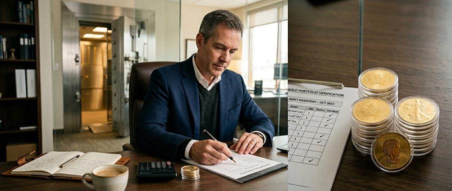 Investisseur complétant une liste de contrôle avant d'acheter de l'or physique en toute sécurité — pièces d'or et stratégie de stockage en coffre