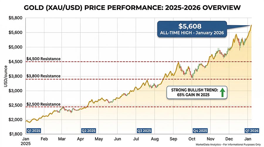 Graphique du prix de l'or montrant la tendance 2025-2026 avec des sommets records et des opportunités d'investissement pour les débutants