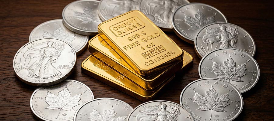 Lingots d'or physiques et pièces d'argent empilées pour investissement à long terme, préservation du patrimoine et diversification du portefeuille