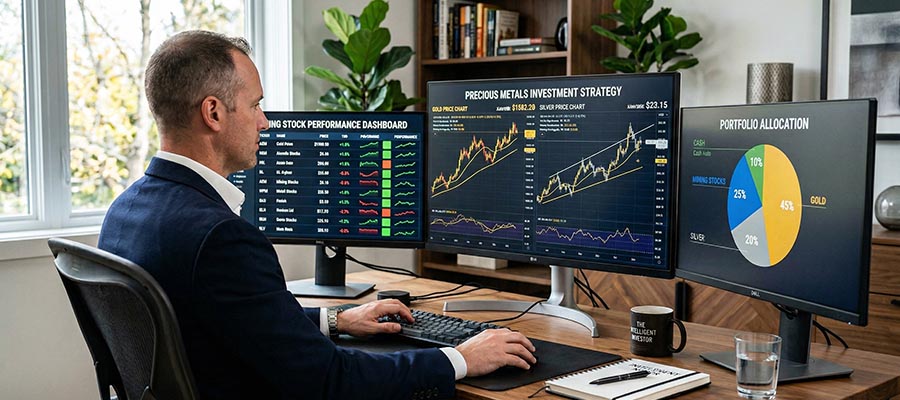 Investisseur analysant la stratégie de portefeuille d'or et d'argent avec des graphiques de prix et des outils de planification de diversification