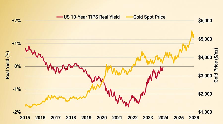 Chart showing inverse relationship between real interest rates and gold price 2015-2026 — central bank monetary policy impact
