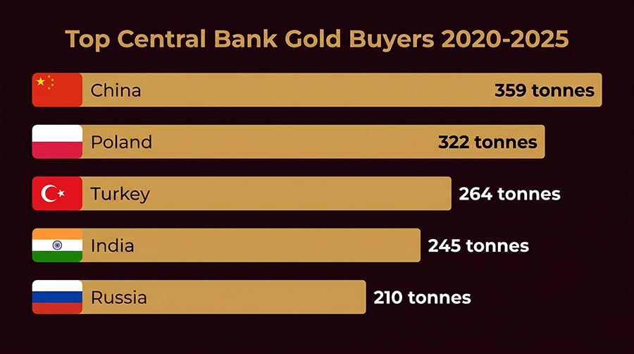Infographic showing top central bank gold buyers 2020-2026 — Poland China India Turkey leading de-dollarization trend