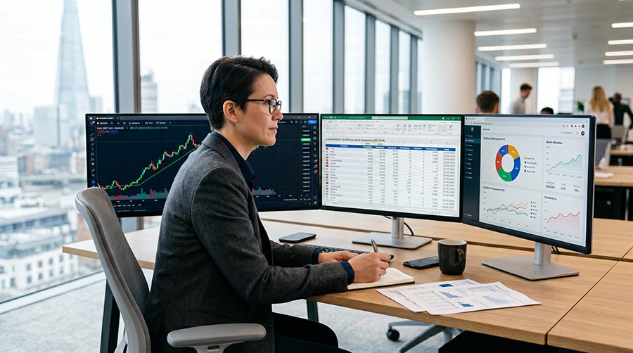Investor reviewing central bank gold purchase data and precious metals portfolio strategy on screen — monitoring monetary policy signals