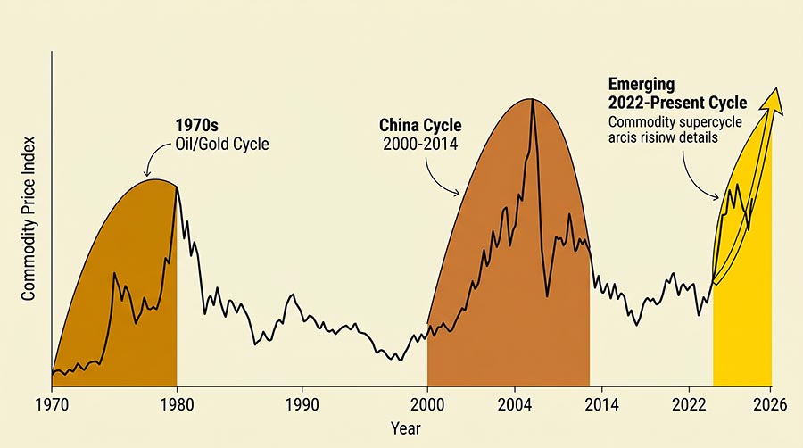 Commodity supercycle chart showing gold silver copper price cycles from 1970s oil crisis through China boom 2000s to new 2025 supercycle