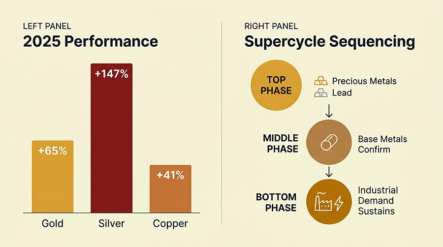 Gold and silver leading commodity supercycle — precious metals price performance versus copper and energy in 2025–2026 bull market