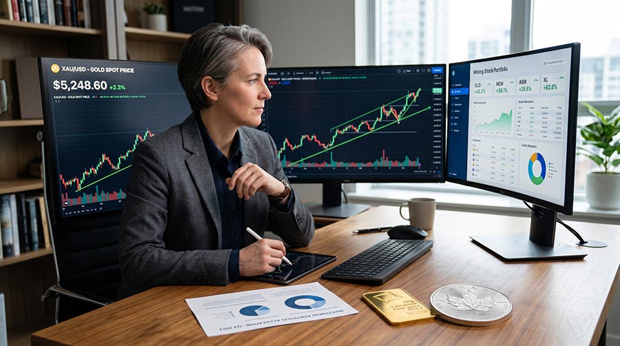 Investor building commodity supercycle portfolio with physical gold bullion, silver coins, and mining stocks on a trading screen
