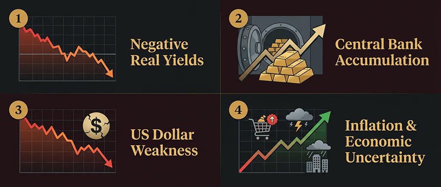 Infographic showing the four early warning signals of a gold bull market including real interest rates central bank buying and dollar weakness