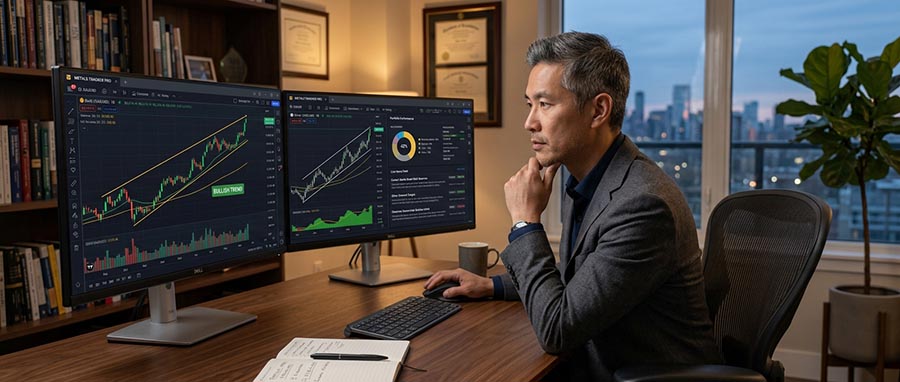 Investor portfolio dashboard showing layered precious metals strategy with physical gold mining stocks and royalty companies during a gold bull market