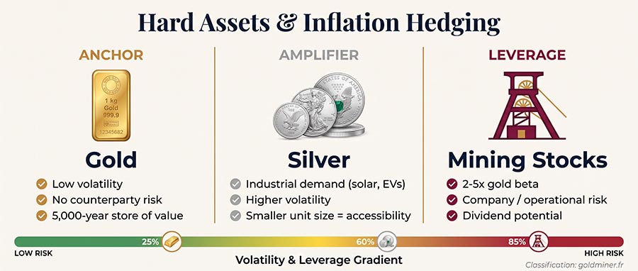 Infographic showing best commodities to hedge inflation including gold bars, fractional silver and mining stocks performance