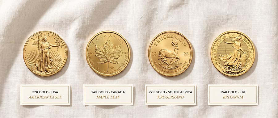 Best gold coins for investors — American Eagle, Canadian Maple Leaf, Krugerrand and Britannia bullion coins side by side