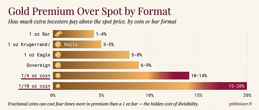 Comparison infographic of gold bullion coin premiums over spot price — best gold coins to stack by cost per ounce