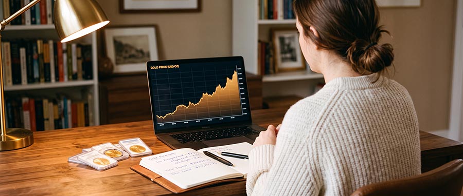 Investor comparing gold bullion coins to buy with live gold price chart and premium calculations on screen