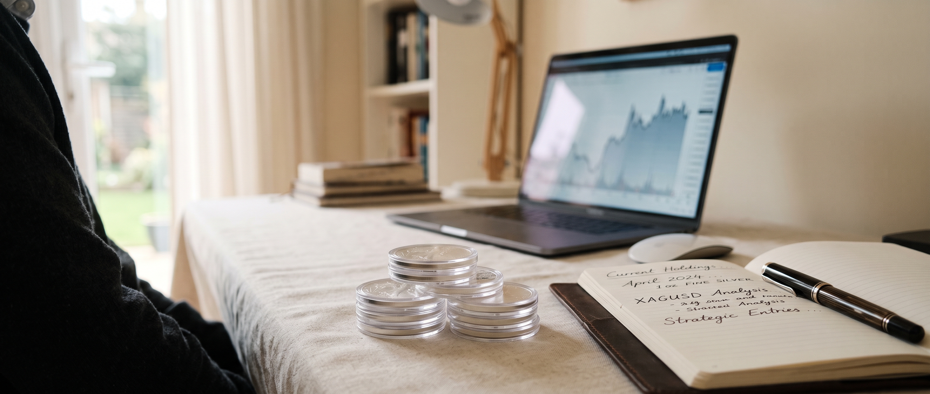 Silver bullion coins to stack for investment beside a live silver price chart on screen