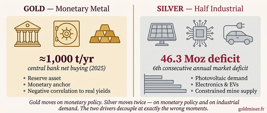 Infographic comparing gold and silver demand showing central bank buying versus silver industrial demand and supply deficit