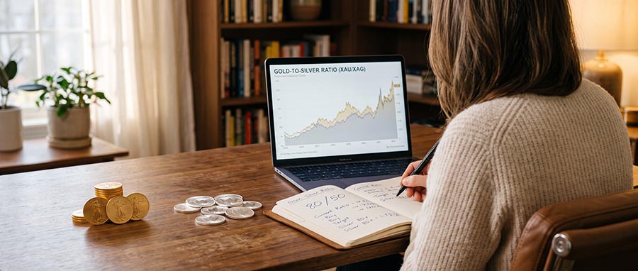 Investor comparing gold silver ratio history chart with stacked gold coins and silver bullion coins on desk