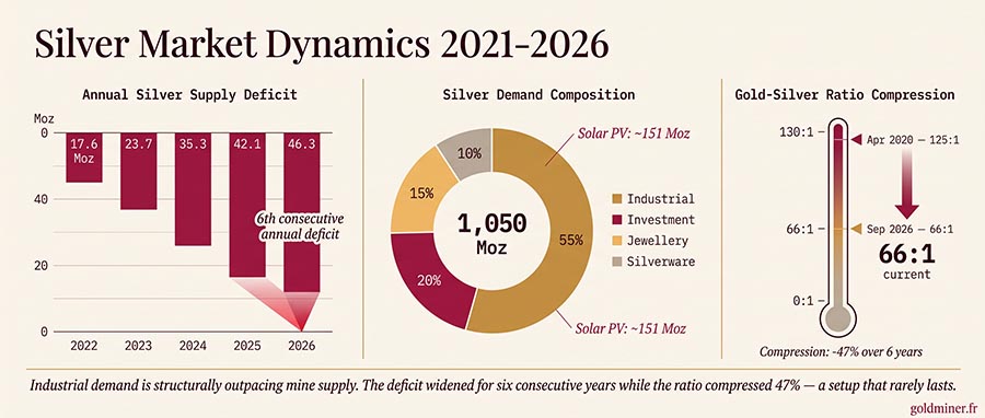 Infographic over investeren in zilvermijnbedrijven, met het aanbodtekort van zilver, de industriële vraag en de goud-zilverratio