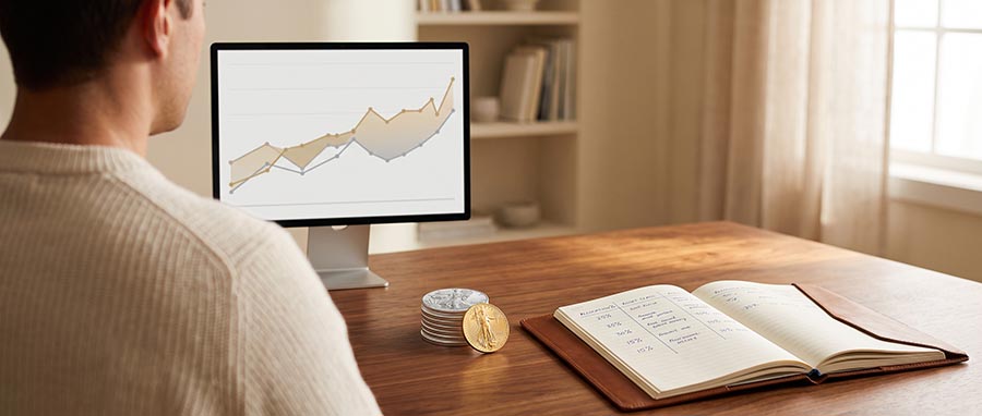 Investisseur examinant une allocation de lingots d'or et d'argent avec le graphique du ratio or-argent affiché à l'écran